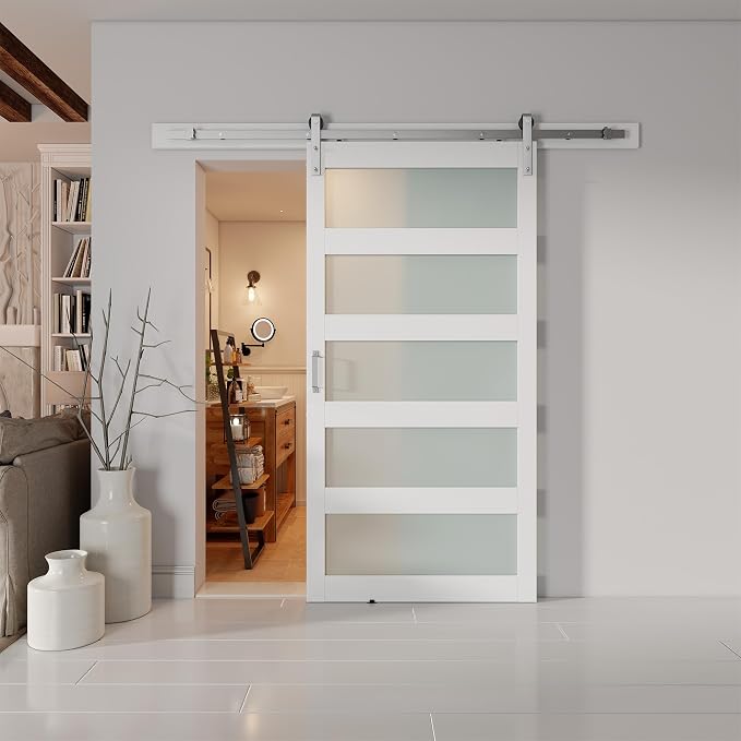 40'' x 84'' Glass Barn Door and 7FT Brushed Nickel Hardware Kit | MDF White Barn Door Slab with Frosted Glass, PVC Surface, Combined with Handle and Floor Guide-Assembly Required