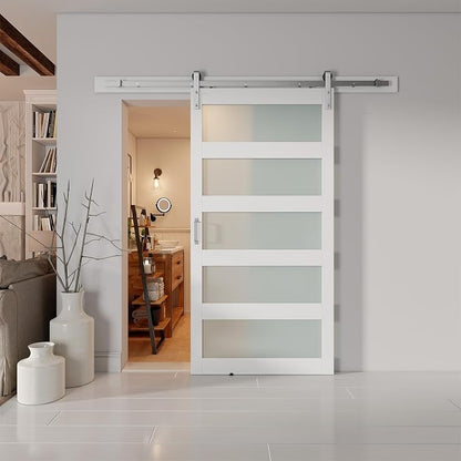 40'' x 84'' Glass Barn Door and 7FT Brushed Nickel Hardware Kit | MDF White Barn Door Slab with Frosted Glass, PVC Surface, Combined with Handle and Floor Guide-Assembly Required