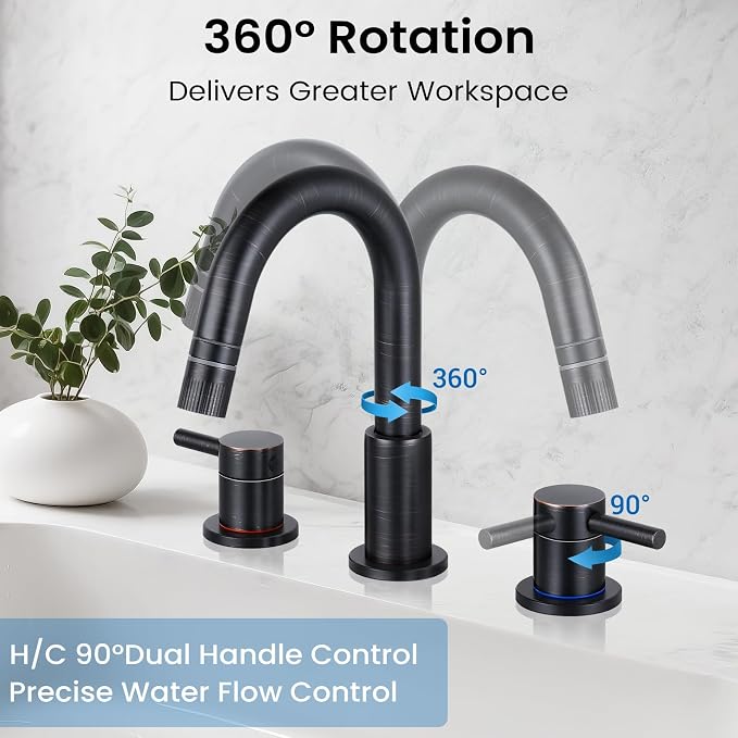 Pull-Down Bathroom Faucet 3 Hole 8 Inch with Pop-Up Drain,Oil Rubbed Bronze | 360° Swivel Spoutr & Dual Modes,8" Widespread 2-Handle, Pop-Up Drain & 10-Min Install for 3-Hole Bathroom Sink Faucets.