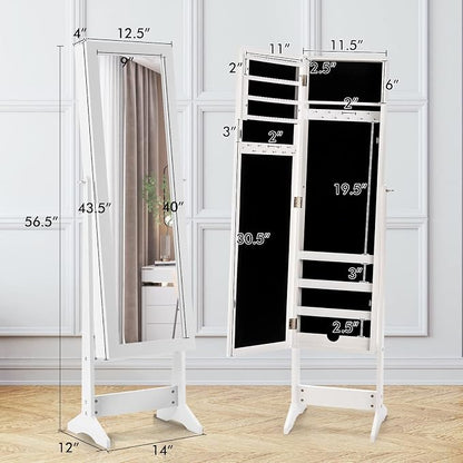 MAT EXPERT Jewelry Armoire Cabinet w/Full-Length Mirror, Jewelry Organizer Standing Mirror w/ 4 Shelves, 3 Adjustable Tilt Angles, Anti-toppling Device, Jewelry Cabinet for Bedroom, Living Room, White