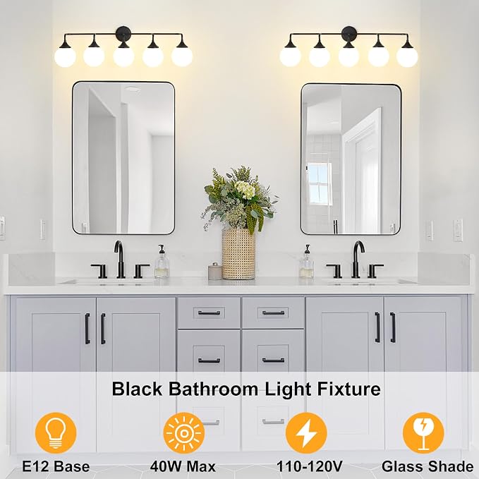 Black Bathroom Light Fixtures Over Mirror Vanity 5-Light | Mid Century Modern Matte Black Wall Sconce with Milky White Glass Ball Shades for for Bathroom Dressing Table Bedroom
