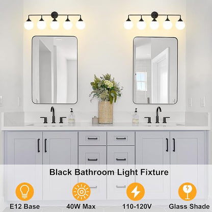 Black Bathroom Light Fixtures Over Mirror Vanity 5-Light | Mid Century Modern Matte Black Wall Sconce with Milky White Glass Ball Shades for for Bathroom Dressing Table Bedroom