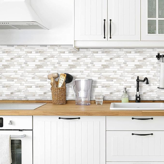 STICKGOO Thicker Design Peel and Stick, Self Adhesive Stick On Tile Backsplash for Kitchen and Bathroom, Beige & White, 12”×12”, 10 Sheets