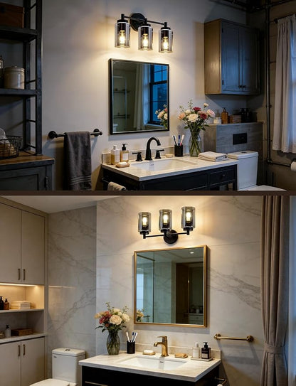 3 Light Bathroom Vanity Light Contemporary, Matte Black Sconce | 17.12", Electroplated Glass, Soft Glow, Bath Bar Fixture over Sink, Tool-Free E26 Bulb Swap, Up Down Wall Mount, No Bulbs