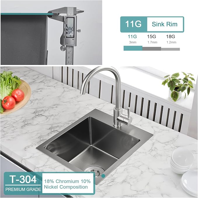 Black Topmount Kitchen Sink - 13”×15” Single Bowl Sink