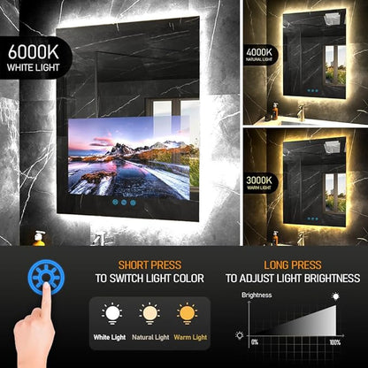 32"x24" Smart Waterproof Anti-Fog Vanity Mirror with 21.5" Touch Screen TV | Adjustable 3-Color LED, Bluetooth/WiFi/HDMI, Android OS, Streaming Apps, For Bathroom & Bedroom