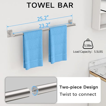 KLJKPA 8-Piece Brushed Nickel Bathroom Hardware Set, 24 inch Towel Bar | Towel Racks for Bathroom Accessories Set, Robe Towel Hooks, Toilet Paper Holder Wall Mounted