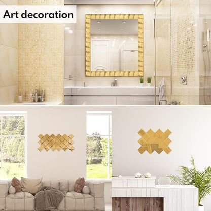 Peel and Stick 3 Inch Gold Mirror Backsplash, Square Tile for Kitchen Bathroom (32 Sheets, 2 SQ.FT.)