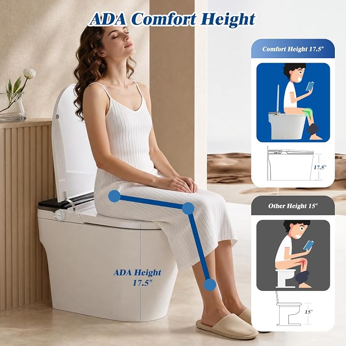 Smart Toilet with Bidet Built-In, Auto Flush, Auto Open/Close Lid, Foot Sensor, Heated Seat, Warm Water Wash, Warm Air Dryer, Deodorizer, Night Light, Remote Control (Black)