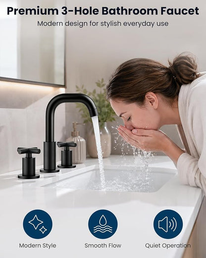 gotonovo Widespread 8 inch 3 Hole Bathroom Sink Faucet Matte Black | 2 Cross Handle Bathroom Faucet,SUS304,360° Swivel Spout,24’’ cUPC Hose,Pop Up Drain,6-16’’ Vanity,Sink,Lavatory,Basin,RV