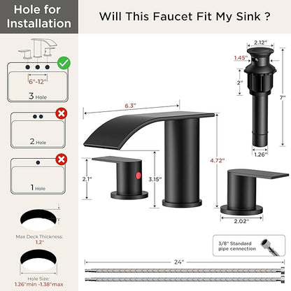 FORIOUS Upgrade Matte Black Bathroom Faucets 3 Hole, Waterfall 8 Inch Widespread Bathroom Sink Faucet with Pop-up Drain and Supply Lines, Two Handles for Vanity, Farmhouse, School Sink
