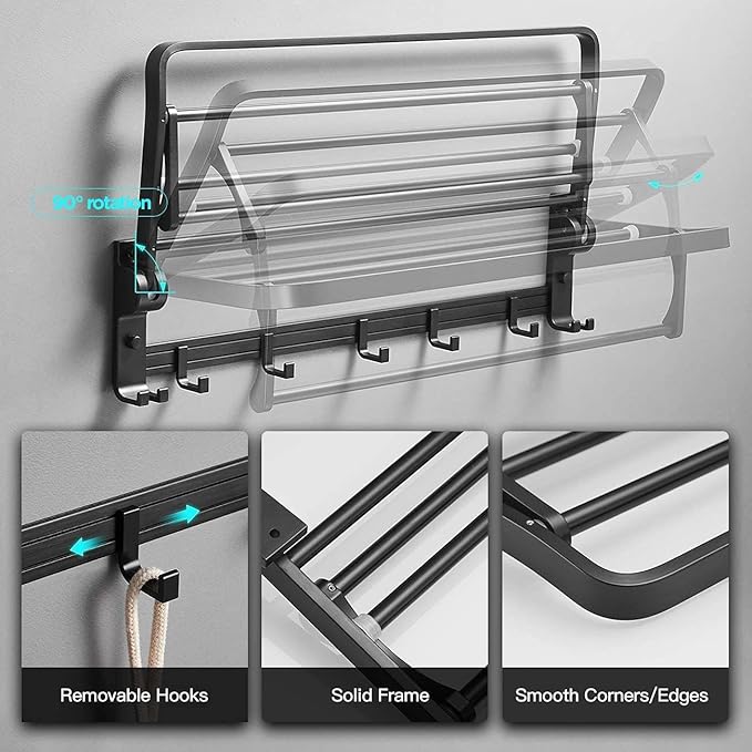 Towel Rack Wall Mount for Bathroom with Towel Bar and Hooks 23.6 in Foldable Towel Shelf Lavatory Towel Organizer Matte Black