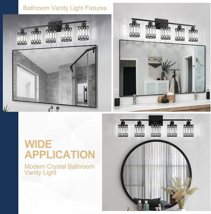 Crystal Modern Bathroom Light Fixtures, 5-Light Black Bathroom Vanity Wall Light, Vanity Lights for Mirror, Restroom, Bedroom (E26 Socket, Bulbs Not Included)
