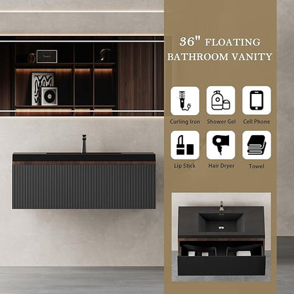 36'' Floating Bathroom Vanity with Sink Combo, Modern Wall-Mounted Striped Bathroom Storage Cabinet with Soft-Close Drawers and Black Quartz Sand Basin, No Assembly Required