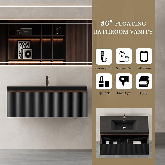36" Floating Bathroom Vanity with Sink, Wall-Mounted Smoked Walnut Storage Cabinet, Wave-Textured Soft-Close Drawer & Matte Black Quartz Sand Basin