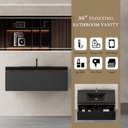 36" Floating Bathroom Vanity with Sink, Wall-Mounted Smoked Walnut Storage Cabinet, Wave-Textured Soft-Close Drawer & Matte Black Quartz Sand Basin