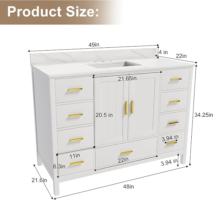 48 Inch Bathroom Vanity with Sink&Countertop,Carrara White Quartz Counter Top with Sink&Backsplash,White Bathroom Cabinet Set with 2 Doors and 9 Drawer(Three Holes)