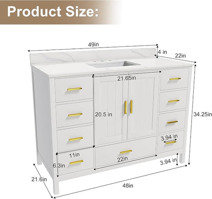 48 Inch Bathroom Vanity with Sink&Countertop,Carrara White Quartz Counter Top with Sink&Backsplash,White Bathroom Cabinet Set with 2 Doors and 9 Drawer(Three Holes)