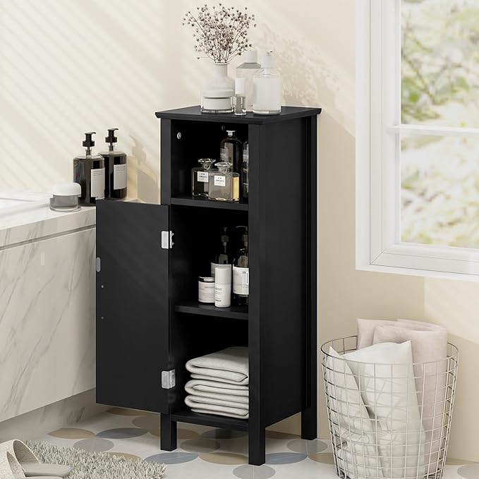 Tangkula Bathroom Floor Storage Cabinet With Anti-Tipping Device, 3-Height Adjustable Shelf, Wood Freestanding Side Cabinet for Home Office, 12 x 12 x 31.5 Inches (Black)