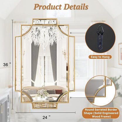 Gold Bathroom Mirror for Wall, 24"x36" Rectangle Vanity Mirror, Polished Beveled Modern Decorative Mirror for Entryway, Living Room, Bedroom (Horizontal/Vertical)
