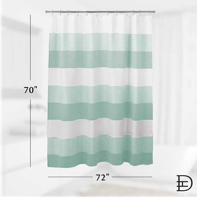 Ombre Waffle Shower Curtain with 12 Roller Ball Hooks - Spa Green 70" x 72" - Water Resistant Polyester Blend, Washable Perfect Cloth Shower Curtain for Stylish Bathrooms