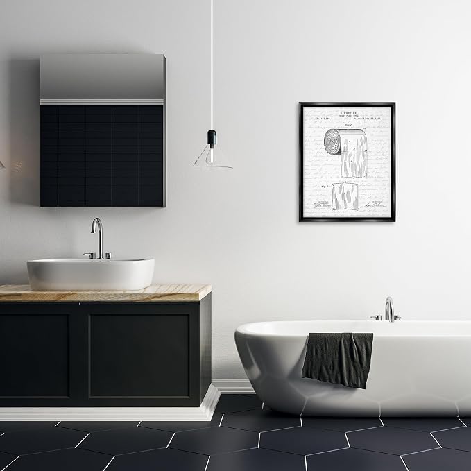 Vintage Patent Bathroom, 24 x 30 Inch Canvas in Floater Frame | Stupell Industries · By Lettered and Lined · Ready to hang · Great for bath and laundry decor · Made in USA