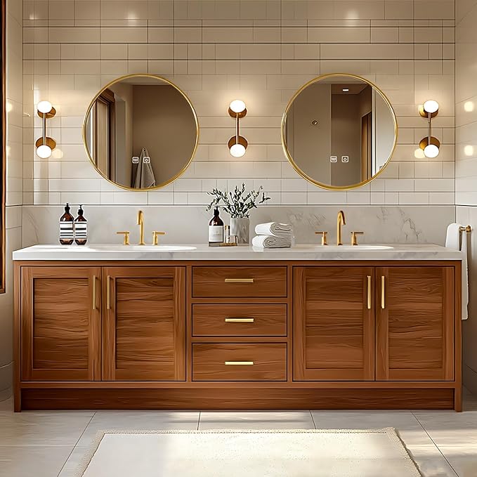84IN Bathroom Vanity - Retro Bathroom Vanity with Double Sinks Includes Round Mirror & Wood Grain Cabinets|Retro Log Style,Exquisite Handle,LED Smart Defogging Mirror