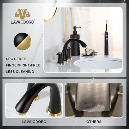 Black and Gold Bathroom Faucet 3 Hole, Lava Odoro 8 inch Widespread Bathroom Faucet 2 Handle Bathroom Sink Faucet Vanity Faucet with Drain Assembly Supply Line, BF405-GB