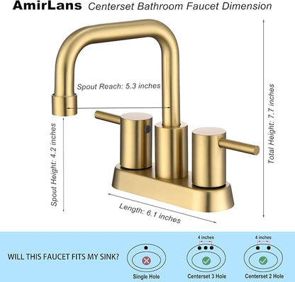 Brushed Gold 4 Inch Centerset Bathroom Faucet 2 or 3 Hole | Stainless Steel 2 Handle Gold Bathroom Sink Faucet for Bathroom, Restroom, Vanity, Rv
