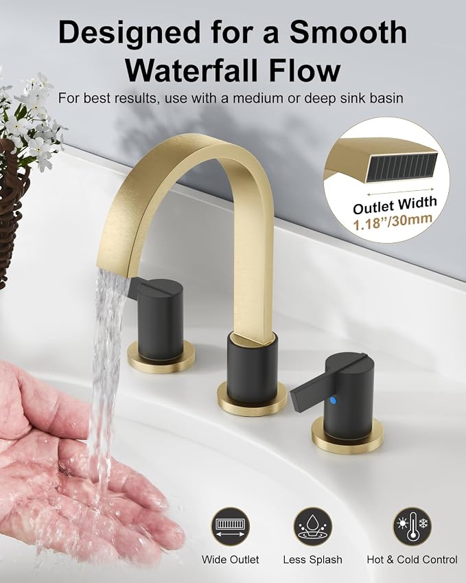 Gold and Black 3 Hole Bathroom Faucet,8" Widespread Vanity Faucet | 2 Handle Waterfall Bathroom Sink Faucet with Pop-Up Drain,Supply Lines,360° Swivel Spout,Lead-Free Stainless Steel,Deck Mount