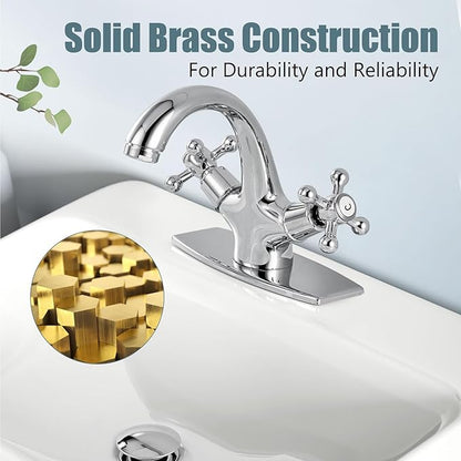Aolemi Bathroom Sink Faucet Single Hole Cold and Hot Double Handle Cross Knobs Vanity Vessel Sink Basin Mixer Tap with Deck Cover Plate with Pop Up Drain Polish Chrome