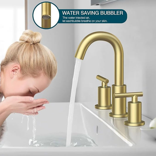 TRUSTMI Bathroom Faucet 3 Hole Brushed Gold - 8 Inch Widespread Brass Bathroom Vanity Sink Faucets in Gold with Swivel Spout, Include Overflow Drain and cUPC Supply Lines