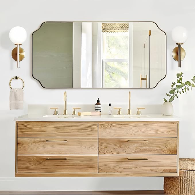 24"x48" Large Bathroom Mirror, Brushed Gold Rectangle Mirror, Scalloped Mirror for Bathroom in Anti-Rust Stainless Steel Metal Frame 1" Deep, Hangs Vertically/Horizontally
