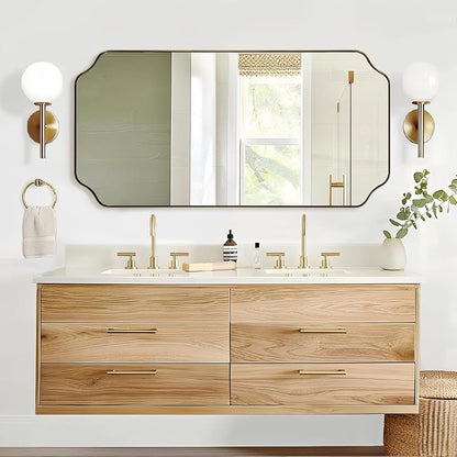 24"x48" Large Bathroom Mirror, Brushed Gold Rectangle Mirror, Scalloped Mirror for Bathroom in Anti-Rust Stainless Steel Metal Frame 1" Deep, Hangs Vertically/Horizontally