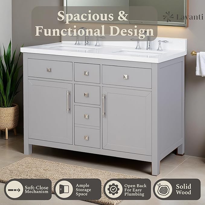 Lavanti Oakford 48 Inch Bathroom Vanity with Sink – Stylish Grey Vanity Bathroom with Storage Cabinet – Modern Bathroom Vanities with Double Vanity Sink & Quartz Countertop