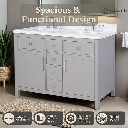 Lavanti Oakford 48 Inch Bathroom Vanity with Sink – Stylish Grey Vanity Bathroom with Storage Cabinet – Modern Bathroom Vanities with Double Vanity Sink & Quartz Countertop