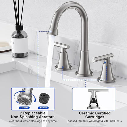 Bathroom Faucets for Sink 3 Hole, Hurran Brushed Nickel Bathroom Sink Faucet with Pop-up Drain and Supply Lines, Stainless Steel Lead-Free Widespread Faucet for Vanity RV, 2 Pack