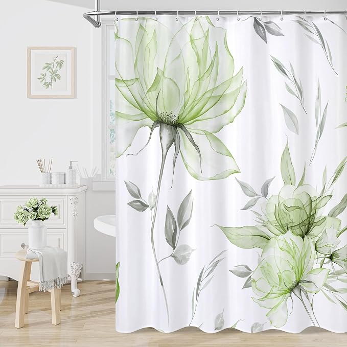 Litabel Long Boho Watercolor Floral Shower Curtain 72 x 78, Sage Green Ink Painting Style Flower Shower Curtains for Chic Elegant Bathroom, Artistic 78 Inch Long Fabric Modern Shower Curtain