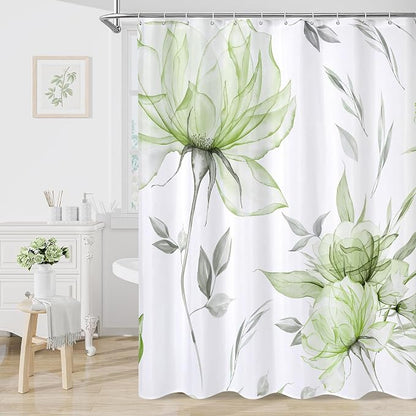 Sage Green Boho Floral Shower Curtain, Watercolor Botanical Design, 72 x 72 | Boho Floral Design, Watercolor Ink Painting Style, Botanical Flowers & Leaves, Elegant Bathroom Accent, Fabric Cloth Curtain