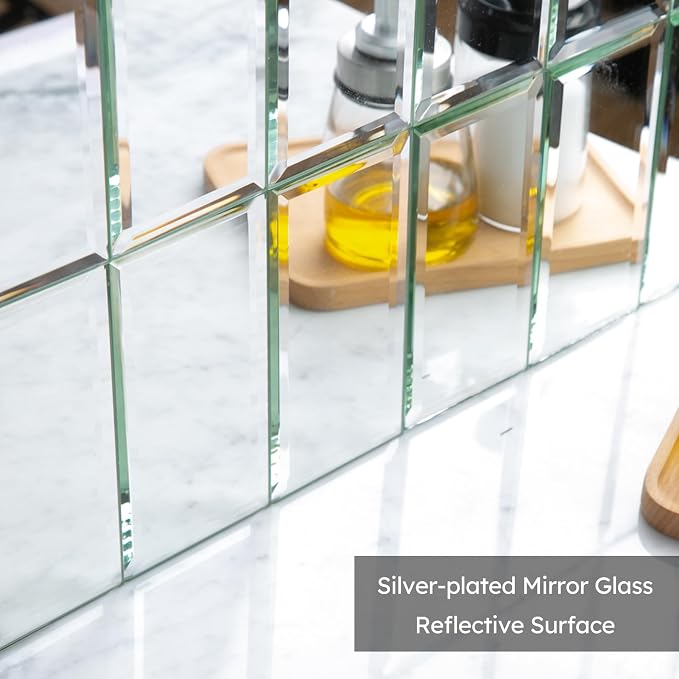Peel and Stick Mirror Subway Tiles, Silver, 3x6 Inch, Beveled Mirror Backsplash for Kitchen Bar Bathroom Wall Tile (5 Sq.ft, 40 Pcs)