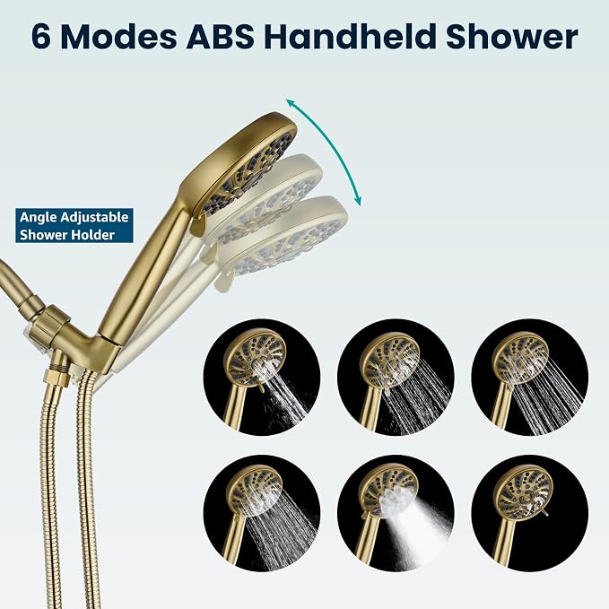 gotonovo Shower Faucet Set with Valve Kit 6 Mode Handheld Brushed Gold | Bathroom Shower Head and Handle Set,6 Modes ABS Handheld Spray,Pressure Balance Valve and Trim Kit Complete,Single-Handle
