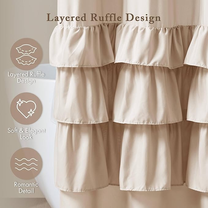 Madison Park Grace Ruffle Shower Curtain for Bathroom, 72"x 72", Beige | Farmhouse Cottage Top, Machine Washable, Shabby Chic Ruffled Decor Fabric, Privacy Screen, Solid Color