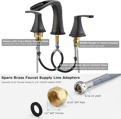 Waterfall 2 Handle Widespread Roman Tub Faucet Oil Rubbed Bronze | 3 Hole Deck Mount Bathtub Filler with Valve & Supply Lines