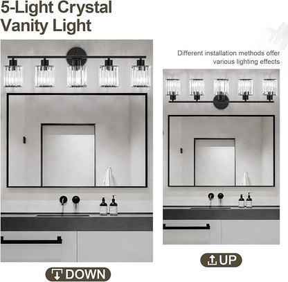 Crystal Bathroom Light Fixtures, Bathroom Lighting Fixtures Over Mirror, Modern Black 5-Light Vanity Lights for Mirror,Restroom, Bedroom (Ceramic E26 Socket,Bulbs Not Include)