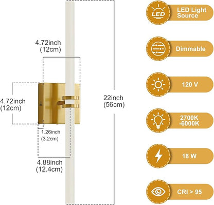 Gold Bathroom Light Fixture LED Vanity Light 22" Wall Sconce | 5CCT Dimmable Wall Light, Modern 360° Lighting, 18W Hardwired Vanity Light for Bathroom, Flicker-Free