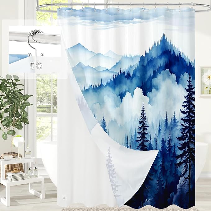 3 in 1 Navy Blue Forest Shower Curtain Set, Modern Spring Shower Curtain and PEVA Liner Set with 12 Stainless Steel Shower Curtain Hooks, Waterproof Fabric Shower Curtains for Bathroom, 72 W x 72 H