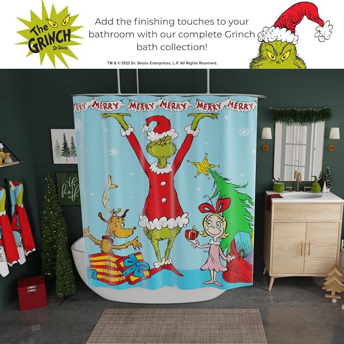 Dr. Seuss The Grinch Holiday 13-Piece Shower Curtain Set, 72 x 72 Inch Fabric Curtain with Hooks, Bathroom Decor, Machine Washable, (100% Officially Licensed Product) by Franco Collectibles