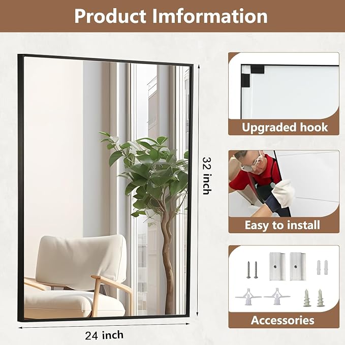 Black Bathroom Mirror, 24"x32" Rectangle Mirror, Matte Black Mirror, Metal Frame Square Corner Vanity Mirror, Wall Mounted Mirror for Modern, Living Room, Bedroom, Horizontal Or Vertical