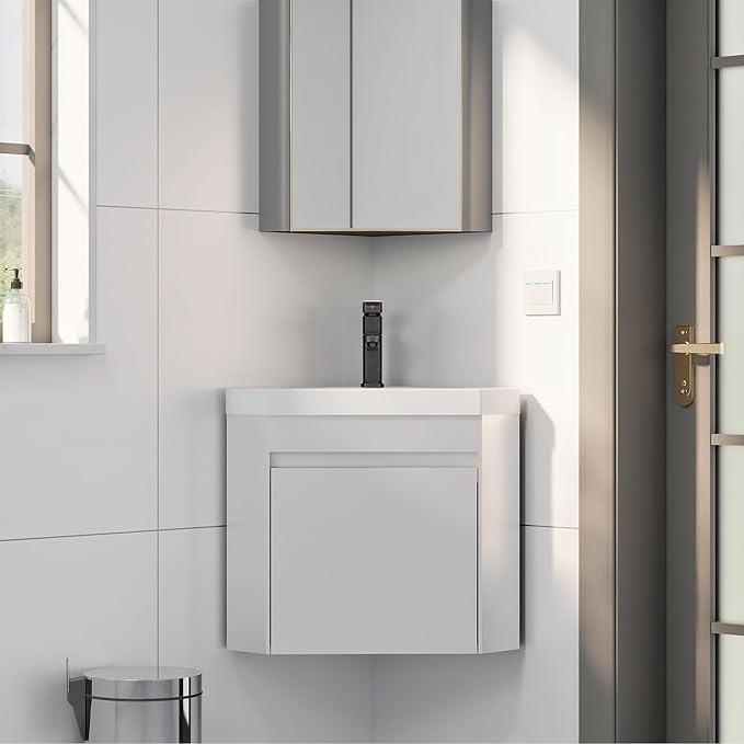 eclife 22" Corner Bathroom Vanity Sink Combo for Small Space Wall Mounted Floating Cabinet with White Resin Sink and Matte Black Faucet, White