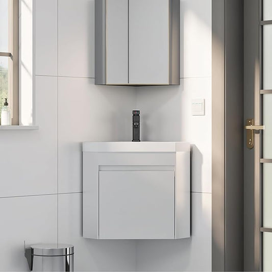 eclife 22" Corner Bathroom Vanity Sink Combo for Small Space Wall Mounted Floating Cabinet with White Resin Sink and Matte Black Faucet, White
